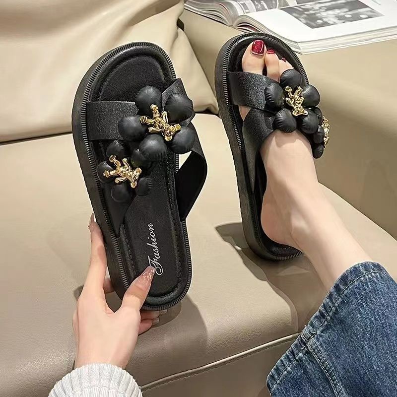 Dép Sandal Đế Dày Quai Ngang Họa Tiết Hoa Phong Cách Hàn Quốc Thời Trang Mùa Hè Cho Nữ