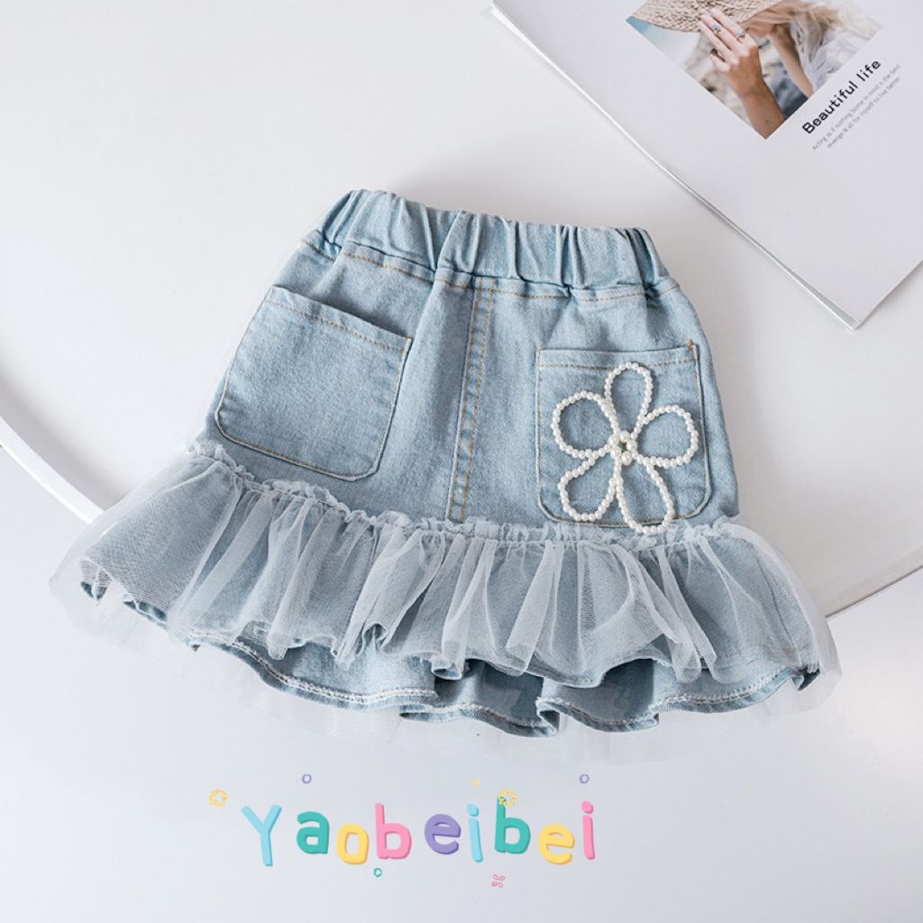 Chân Váy Denim Đuôi Cá Phối Lưới Thời Trang Mùa Hè Cho Bé Gái