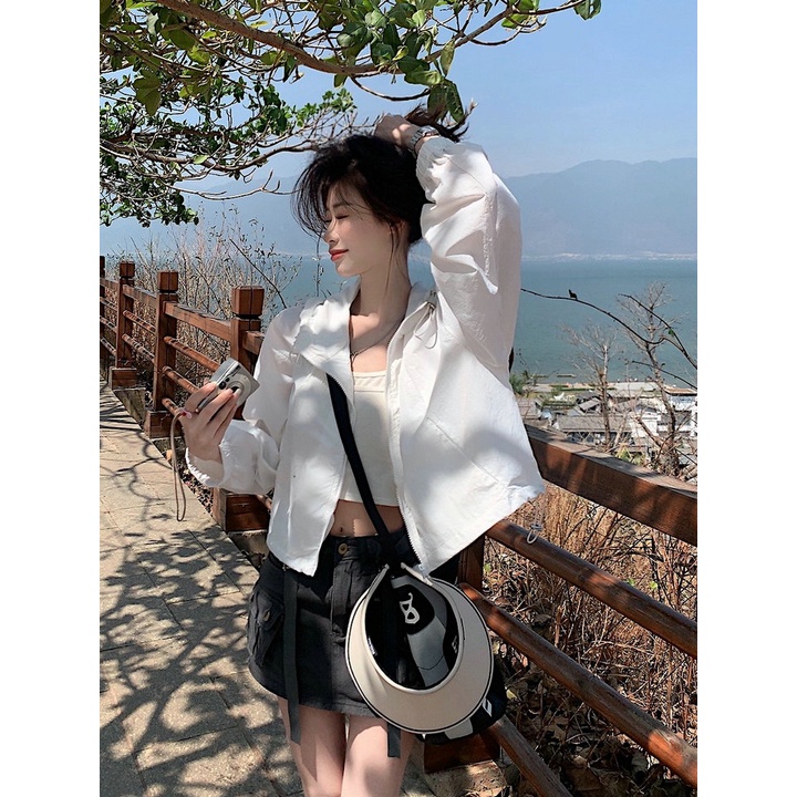 SUXI Áo Khoác Chống Nắng Thể Thao Tay Dài Dáng Rộng Có Mũ Trùm Phối Dây Rút Thời Trang Mùa Hè