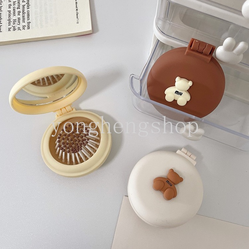 Lược Chải Tóc Mini Chống Tĩnh Điện Có Gương Soi Hình Gấu Hoạt Hình Dễ Thương Có Thể Gập Lại Cho Bé Gái