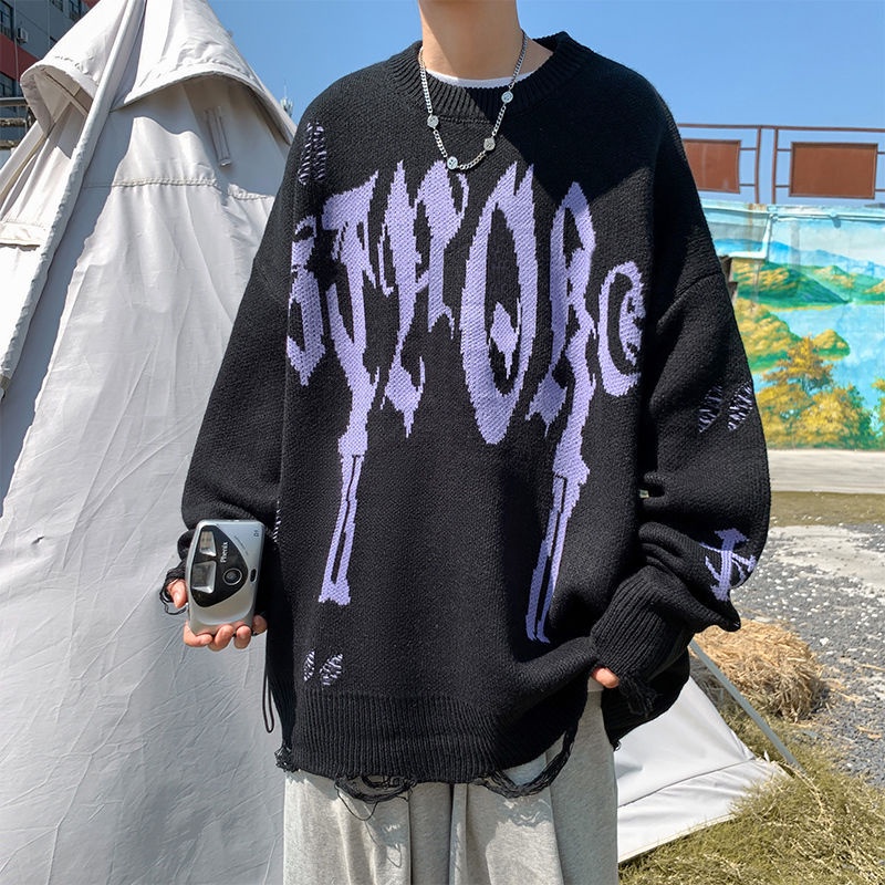 Áo sweater Dệt Kim Dài Tay Dáng Rộng In Chữ Phong Cách hip hop Đường Phố Mỹ Thời Trang Cho Nam Và Nữ Magee