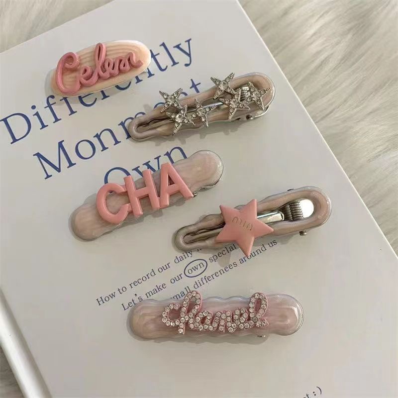 Kẹp Tóc Mái Ngang Đính Đá Zircon Hình Ngôi Sao Chữ Cái Màu Hồng Ngọt Ngào Cao Cấp Kiểu Phương Tây Haobing boutiqu