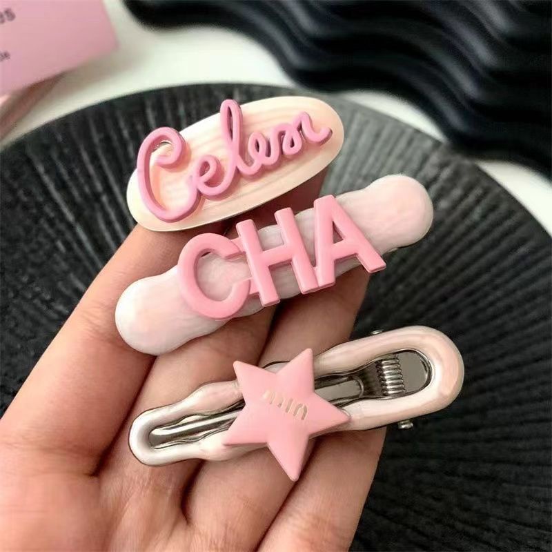 Kẹp Tóc Mái Ngang Đính Đá Zircon Hình Ngôi Sao Chữ Cái Màu Hồng Ngọt Ngào Cao Cấp Kiểu Phương Tây Haobing boutiqu