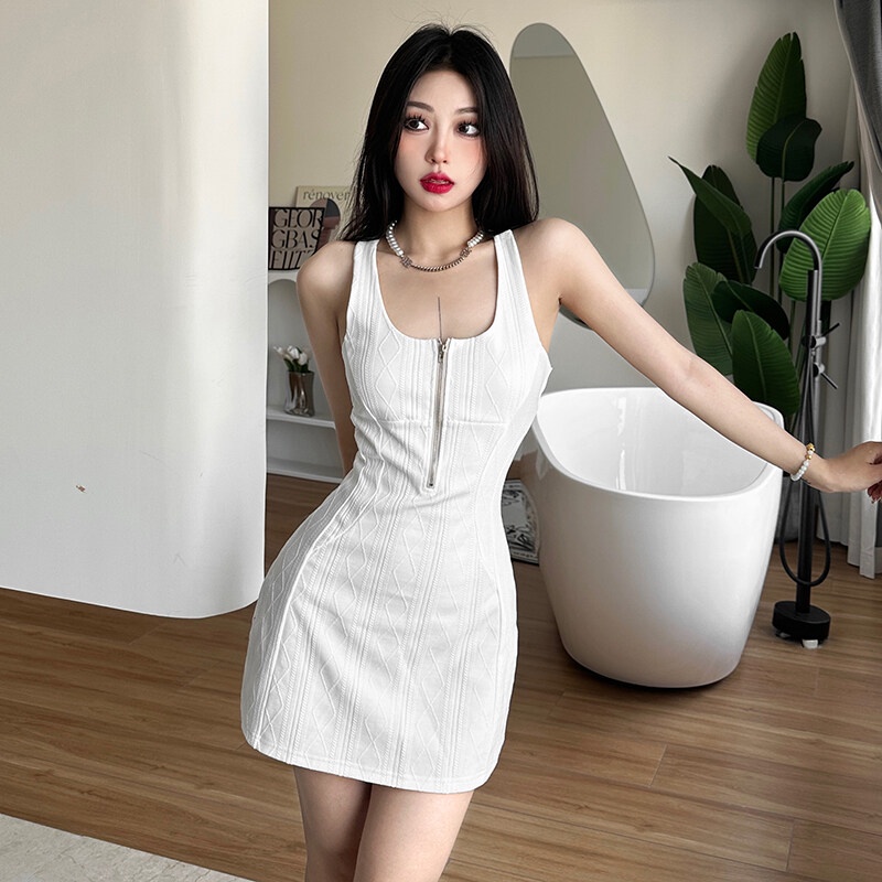 Kliou Đầm Ngắn Dáng Chữ a Không Tay Hở Lưng Màu Trắng Có Khóa Kéo Đơn Giản Thời Trang Mùa Hè Cho Nữ
