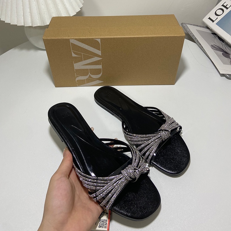 Xăng đan Zara Đế Bệt Một Dây Đính Đá Kim Loại PVC Thời Trang Mùa Hè Cho Nữ
