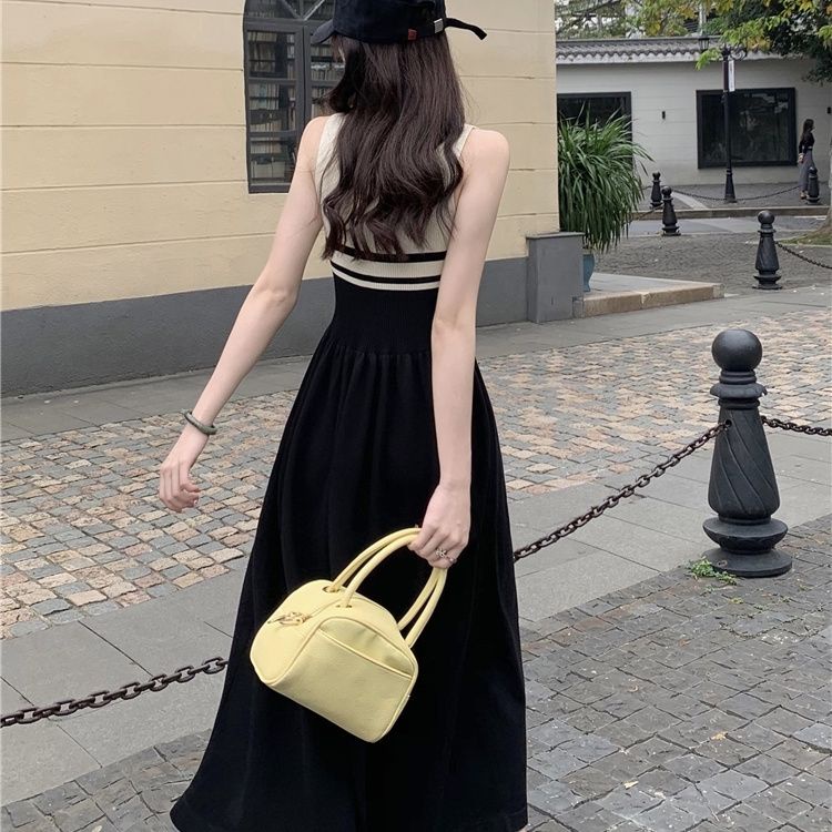 Đầm Midi Không Tay Màu Sắc Tương Phản Phong Cách Pháp Cổ Điển Thời Trang Mùa Hè Cho Nữ