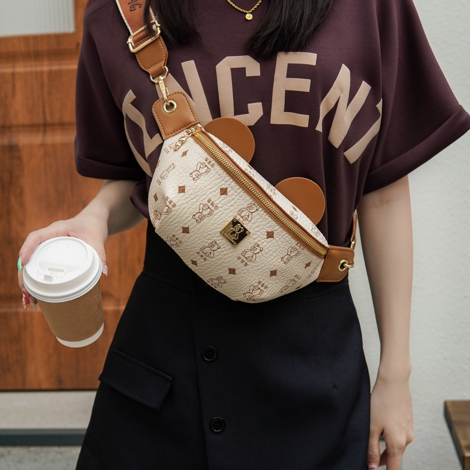 Túi đeo ngực in hình gấu hoạt hình có màu tương phản/Ví Messenger một vai phiên bản Hàn Quốc dành cho nữ