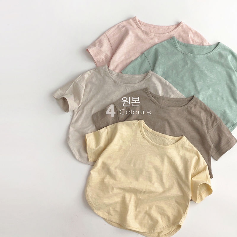 Áo Thun Cotton Tay Ngắn Màu Trơn Thời Trang Mùa Hè Phong Cách Hàn Quốc Cho Bé Trai Và Gái