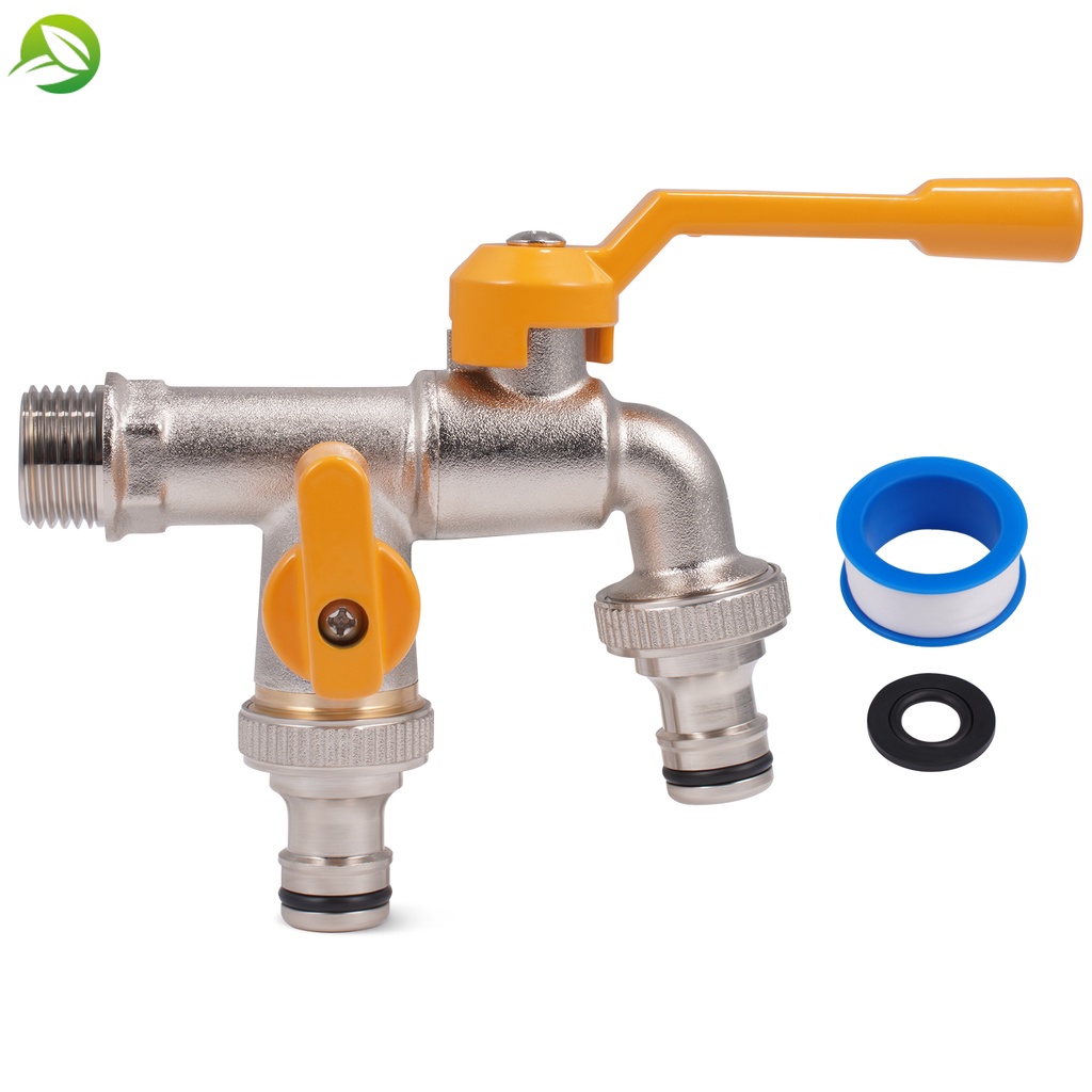 Vườn vòi hai đầu ra thời trang làm bằng đồng thau rỉ sét với bộ chuyển đổi 3/4 inch & 1/2 inch kết nối đôi và vòi phun, van bi vòi đầu ra trong vườn