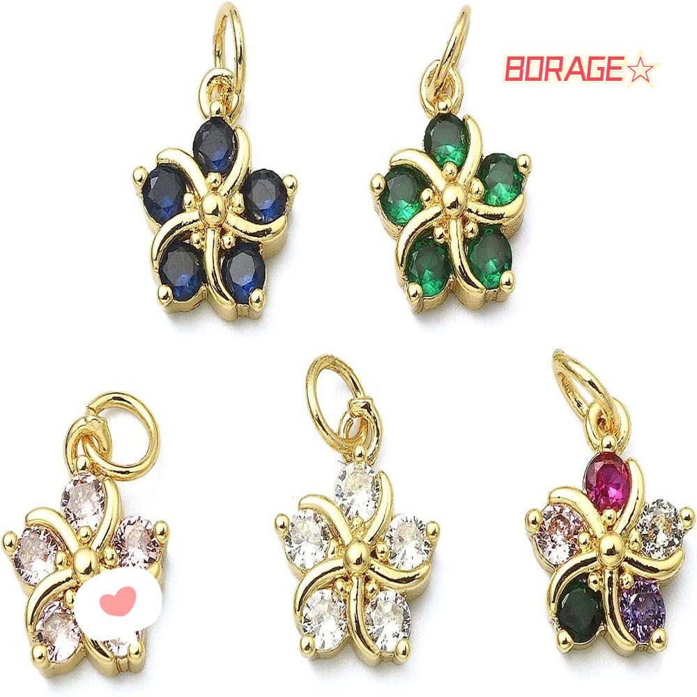 Bùa hoa borag, đồng thau và khối zirconia màu tím nhạt, trắng, đen, xanh lá cây, xanh lam, xanh hồ, bùa đỏ hồng vàng thật, phụ kiện trang sức hình cánh hoa zirconia khối