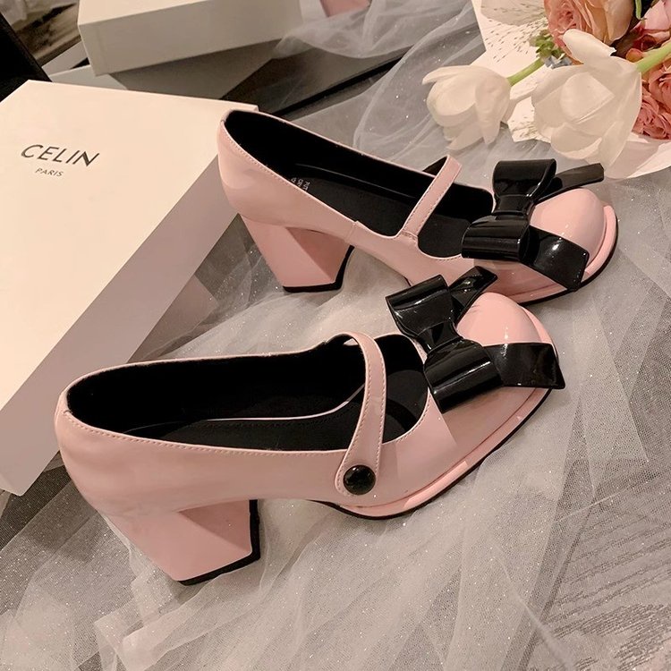 Giày Cao Gót Mũi Vuông Đính Nơ Xinh Xắn Thời Trang