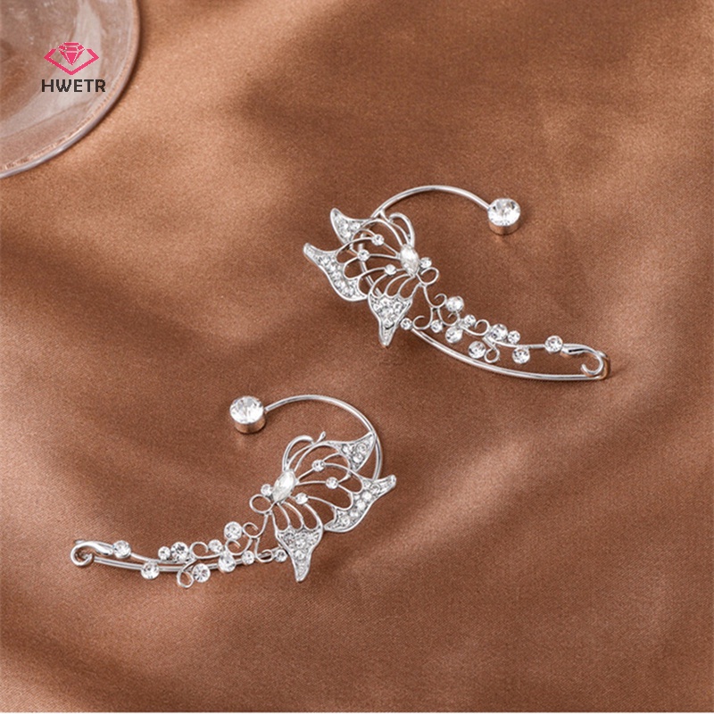 Bông tai kẹp HWETR hình bướm yêu tinh đính pha lê lấp lánh thời trang tinh tế thanh lịch cho nữ