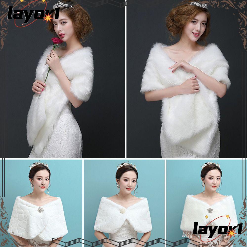 Layor1 khăn choàng lông thú giả màu trắng ấm cổ áo khoác cô dâu thanh lịch