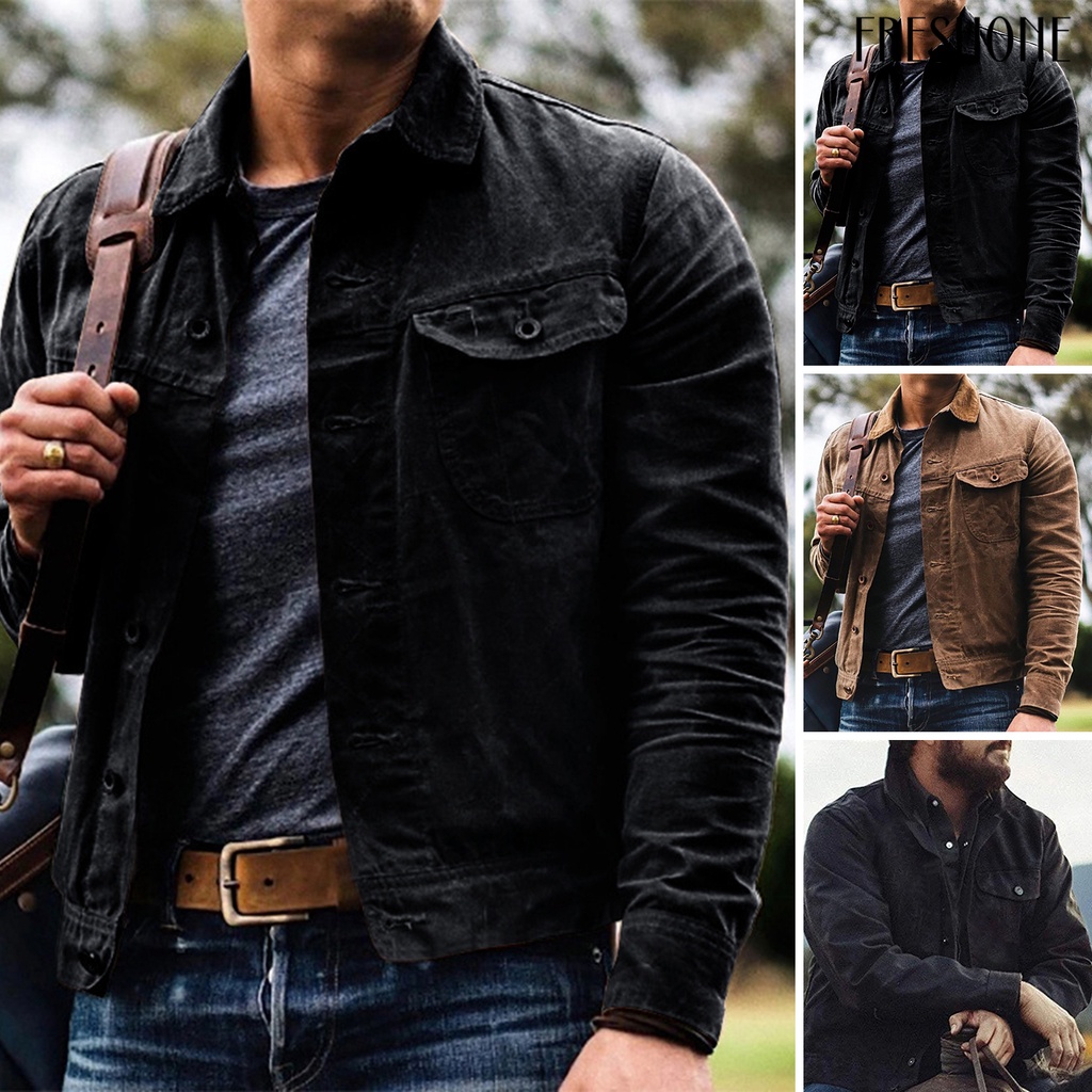 [fo] Nam fall jacket turn-down collar single-breasted buttons pocket solid color long sleeves soft streetwear men vintage coat