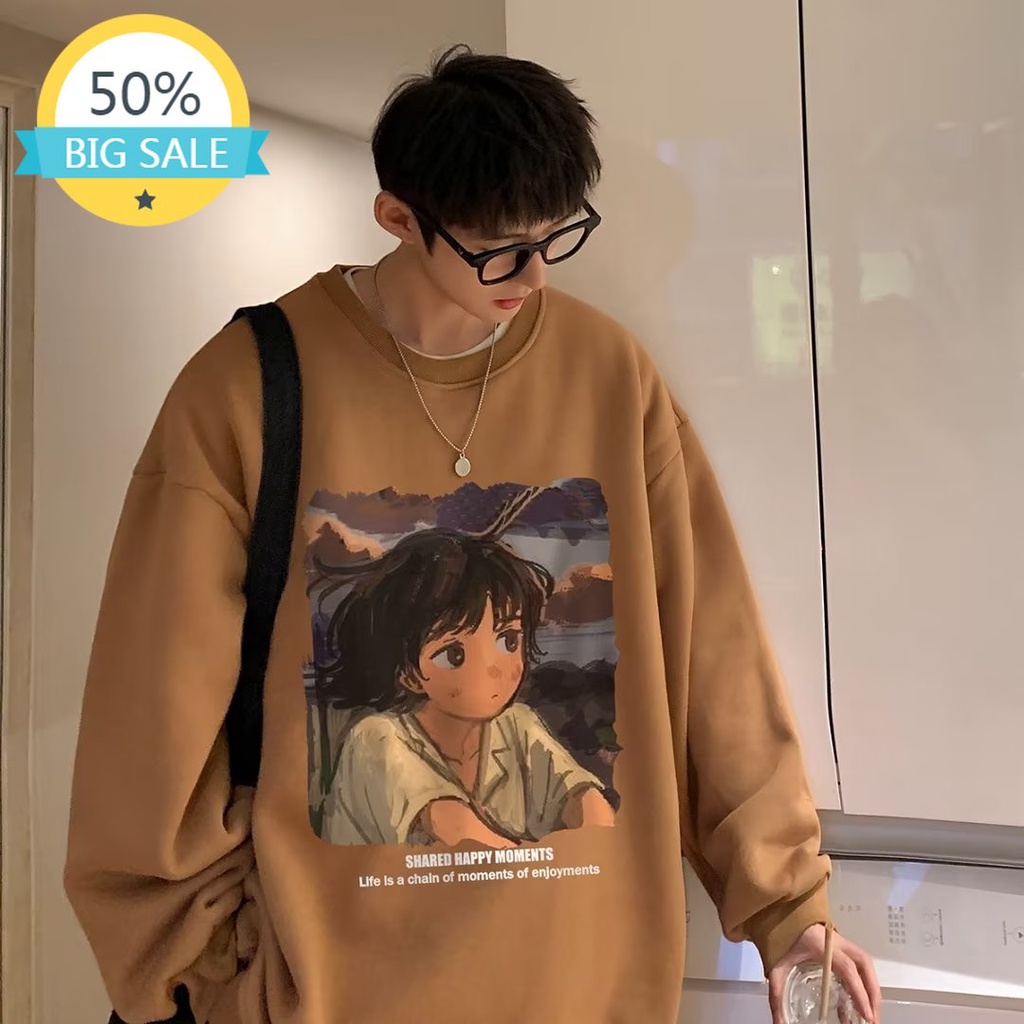 Áo Sweater nam form rộng big size tới 90kg Mỹ sáng tạo phim hoạt hình cô gái in Unisex Thời Trang Trẻ Trung