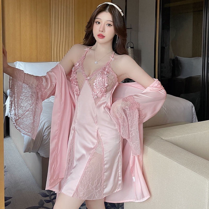 Summer thin nightdress nữ sexy sling mid-length nightgown suit two-piece pure desire style ins style hollow sleeveless