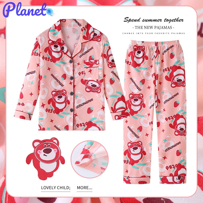 Planet Đồ ngủ trẻ em gấu dâu dễ thương / chó cincin / đồ ngủ kuromi cho bé gái áo dài tay + quần thiết kế ve áo loungewear