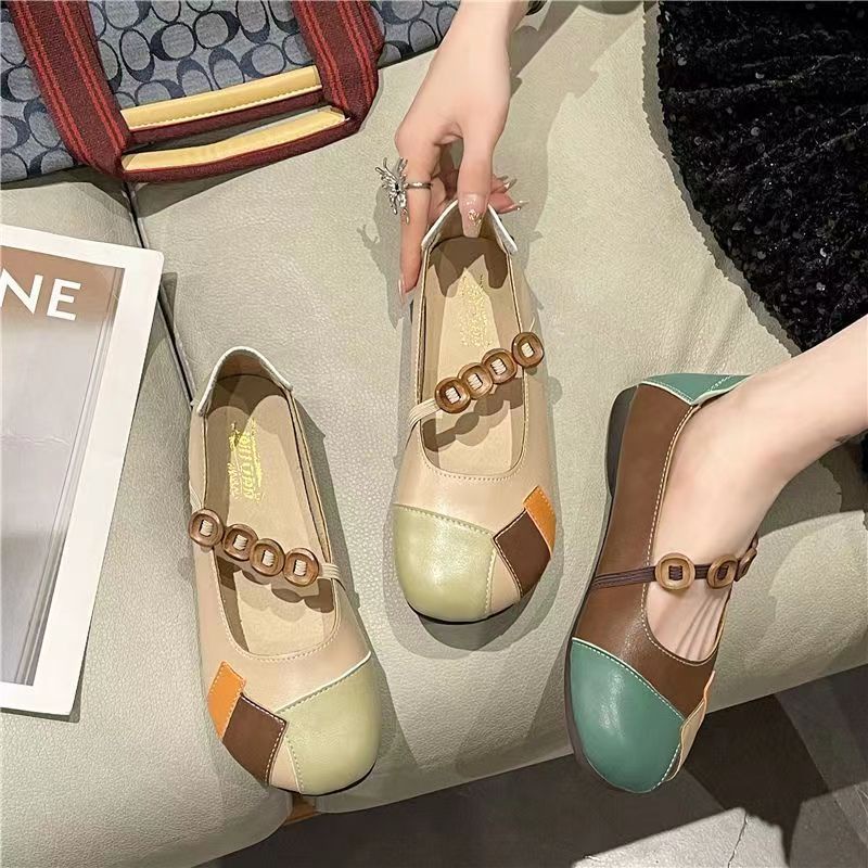Da thật đế mềm phong cách mới giày đế gân bò mẹ giày da mùa xuân thu giày da phong cách dân tộc giày nữ thoải mái phẳng retro giày đơn
