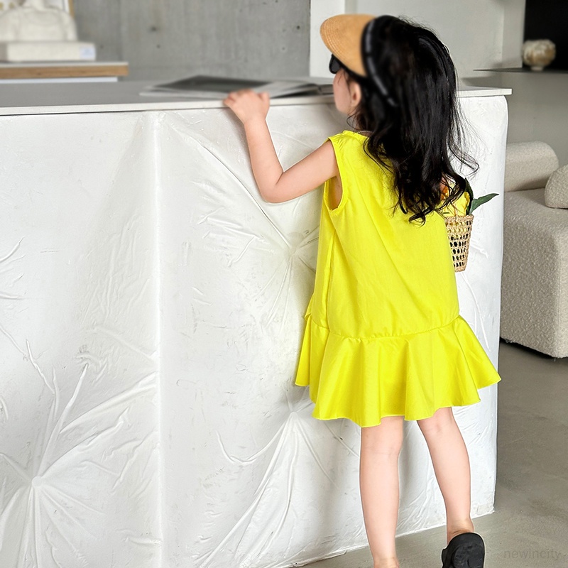 Trẻ em hàn quốc cô gái không tay màu rắn hem ruffled design dress