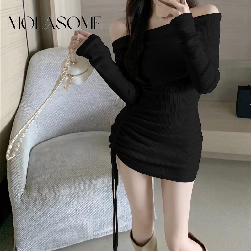 Đầm nữ MOLASOME màu trơn tay dài trễ vai sexy dễ phối đồ 2023 off