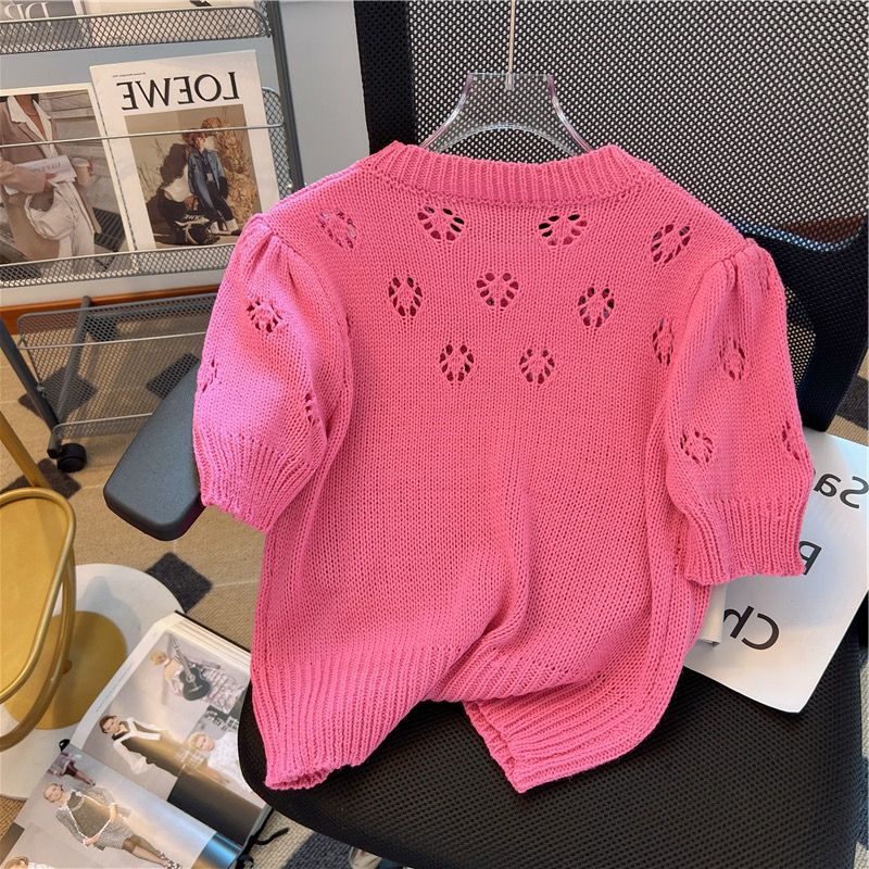 French hollow knitted t-shirt short-tay mỏng cổ tròn top leml