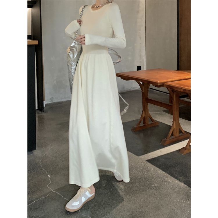 K. Style váy dáng dài xòe eo thon tay dài cổ tròn Hàn Quốc