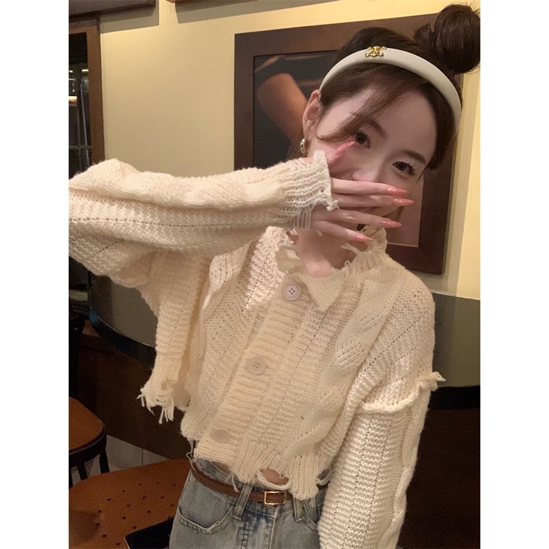 Tua plain torn cardigan edge sweet korean knit cardigan