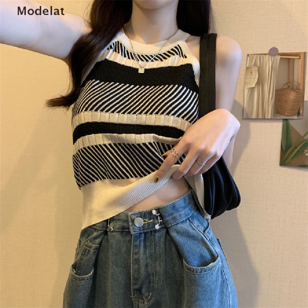 Áo croptop GJCUTE không tay cổ tròn họa tiết kẻ sọc thời trang cho nữ