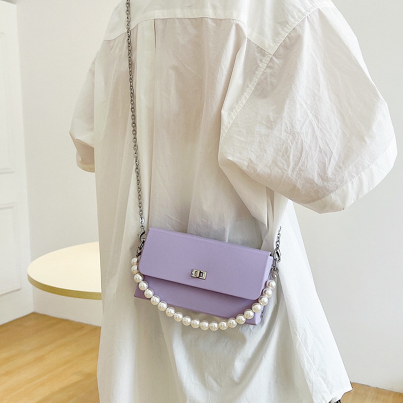 Ielgy Túi Đeo Chéo Vai Hình Chữ Nhật Dây Chuỗi Ngọc Trai Đơn Giản Màu Trơn Phong Cách Nghệ Thuật Cao Cấp Cho Nữ