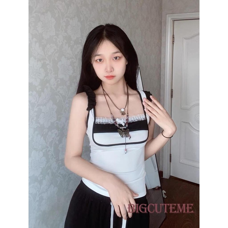 [] Áo Không Tay Cổ Vuông Dáng Ôm Phối Ren Màu Trắng Tương Phản Thời Trang Mùa Hè Dành Cho Nữ