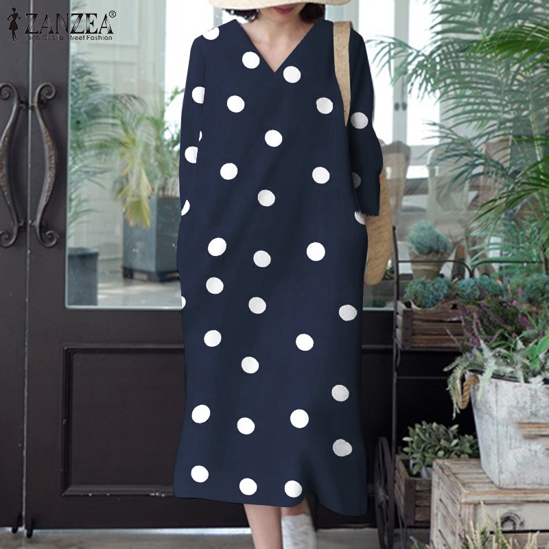 Zanzea Đầm Tay Lửng Cổ Chữ V Họa Tiết Chấm Bi Phong Cách Hàn Quốc Dành Cho Nữ