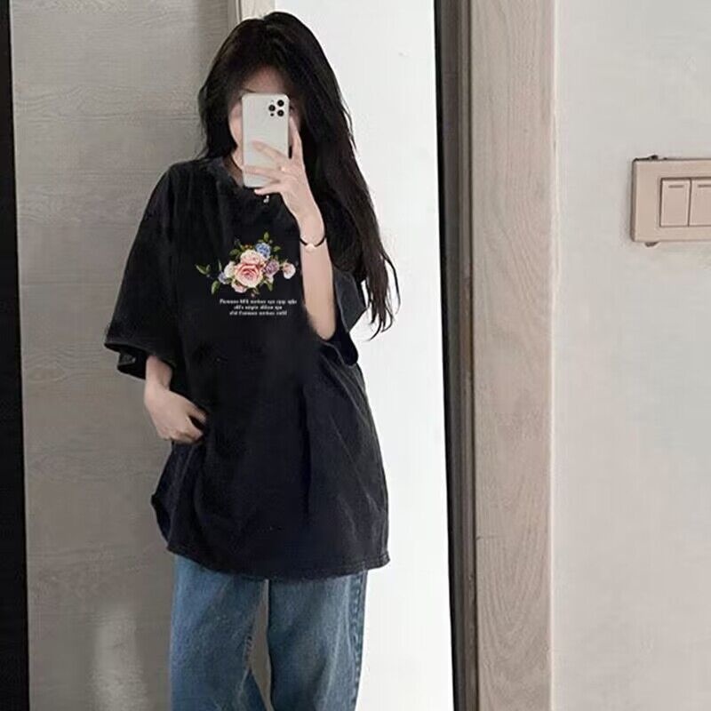 NRVP Áo Thun Đen 100% Cotton Tay Ngắn Dáng Rộng In Hoạ Tiết Độc Đáo