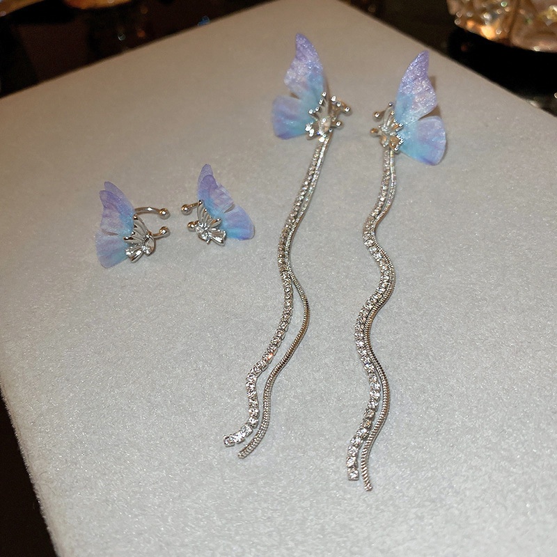 Bông Tai Dạng Tua Rua Không Xỏ Lỗ Hình Bướm Đính Kim Cương Giả Tươi Tắn Nhỏ Nhắn