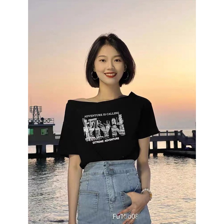Áo Thun Nữ Trễ Vai Tay Ngắn Dáng Rộng In Hình Thời Trang Mới
