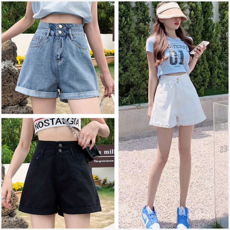 Quần Short Denim Lưng Cao Ống Rộng Phối Hai Hàng Nút Thời Trang Mùa Hè Cho Nữ Phụ Kiện Chuyên Dụng Dành Cho Xe Hơi