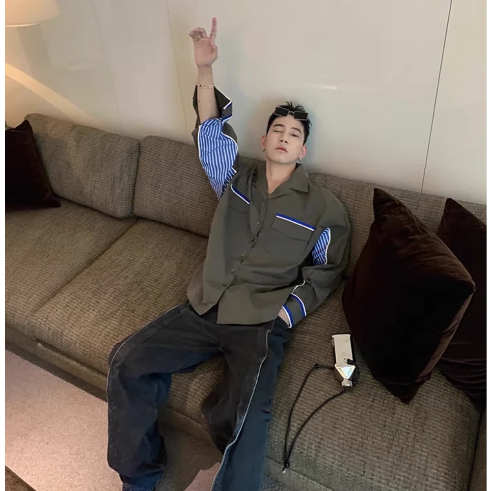 Áo Sơ Mi Chất Liệu Cotton Dày Dặn Họa Tiết Kẻ Sọc Màu Xanh Lá Thời Trang Mùa Thu Phong Cách Hàn Quốc