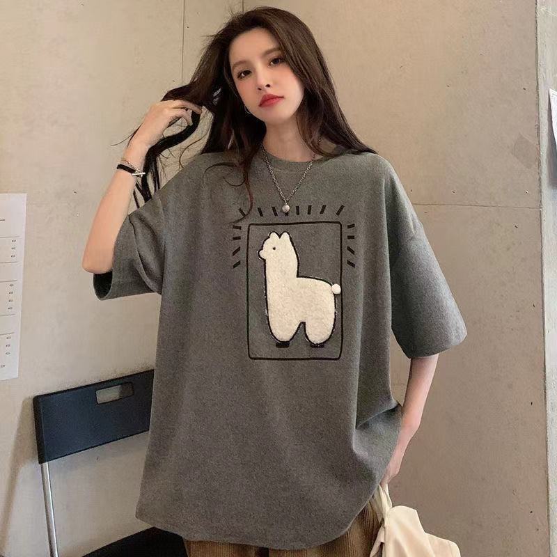 Áo Thun Tay Ngắn Cổ Tròn Cỡ Vừa Thêu Hình Cừu Nhỏ Phong Cách Harajuku BF Dễ Phối Đồ Cho Học Sinh