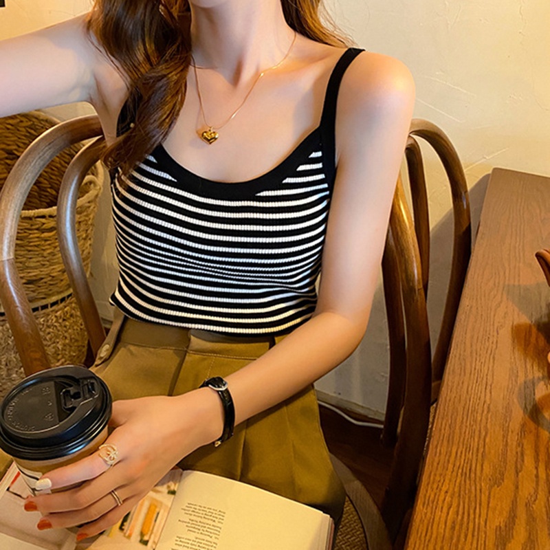 IELGY Áo Dệt Kim Không Tay Dáng Ôm Họa Tiết Kẻ Sọc Phong Cách hong kong Thời Trang Cho Nữ