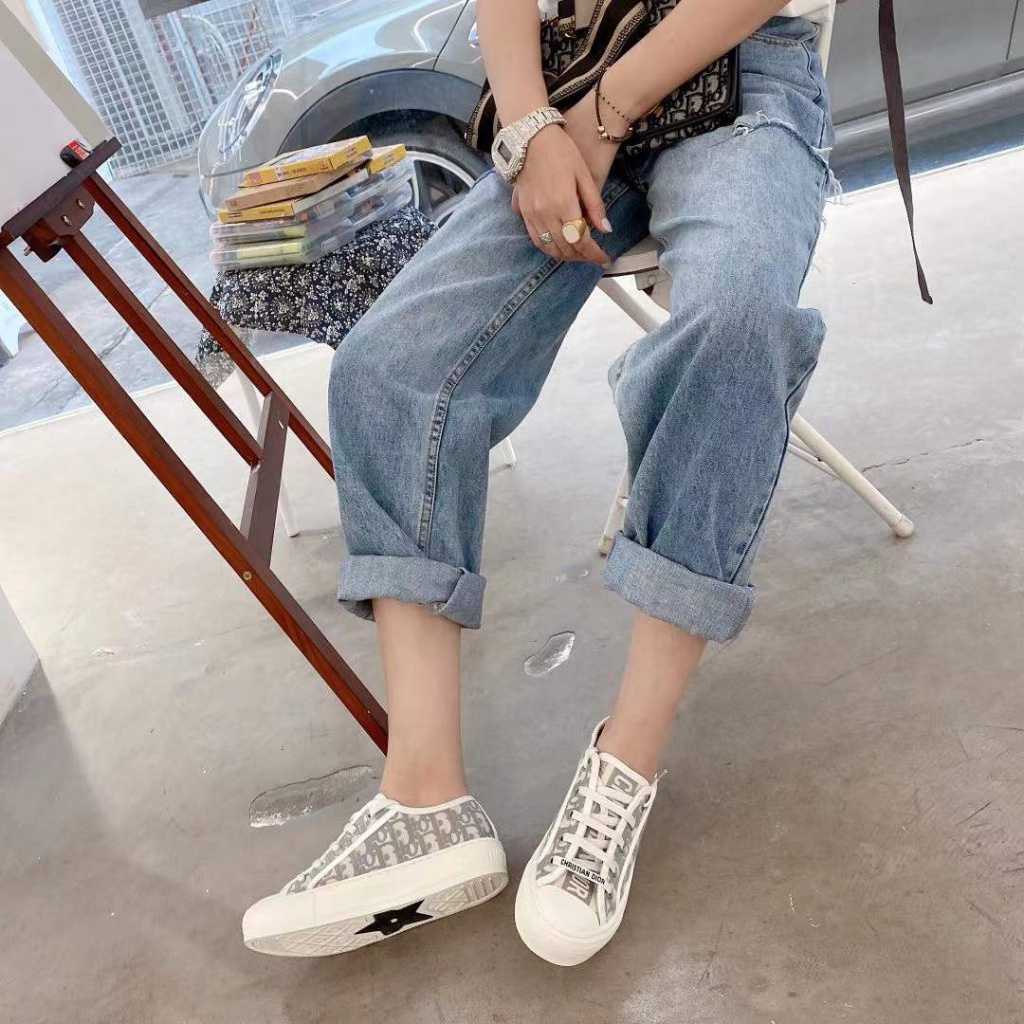 0XQQ DIOR letter printing embroidery 2023 new spring canvas shoes all-match flat white shoes presbyopic board shoes for women