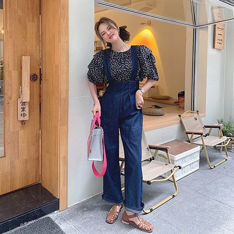 Quần Yếm Denim Ống Rộng Lưng Cao Thời Trang Mùa Thu 2023 Phong Cách Hàn Quốc Mới