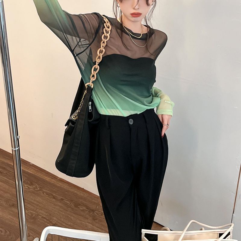 IELGY  Áo Thun Lưới Mỏng Tay Dài Nhuộm Màu gradient Dễ Phối Đồ Cho Nữ