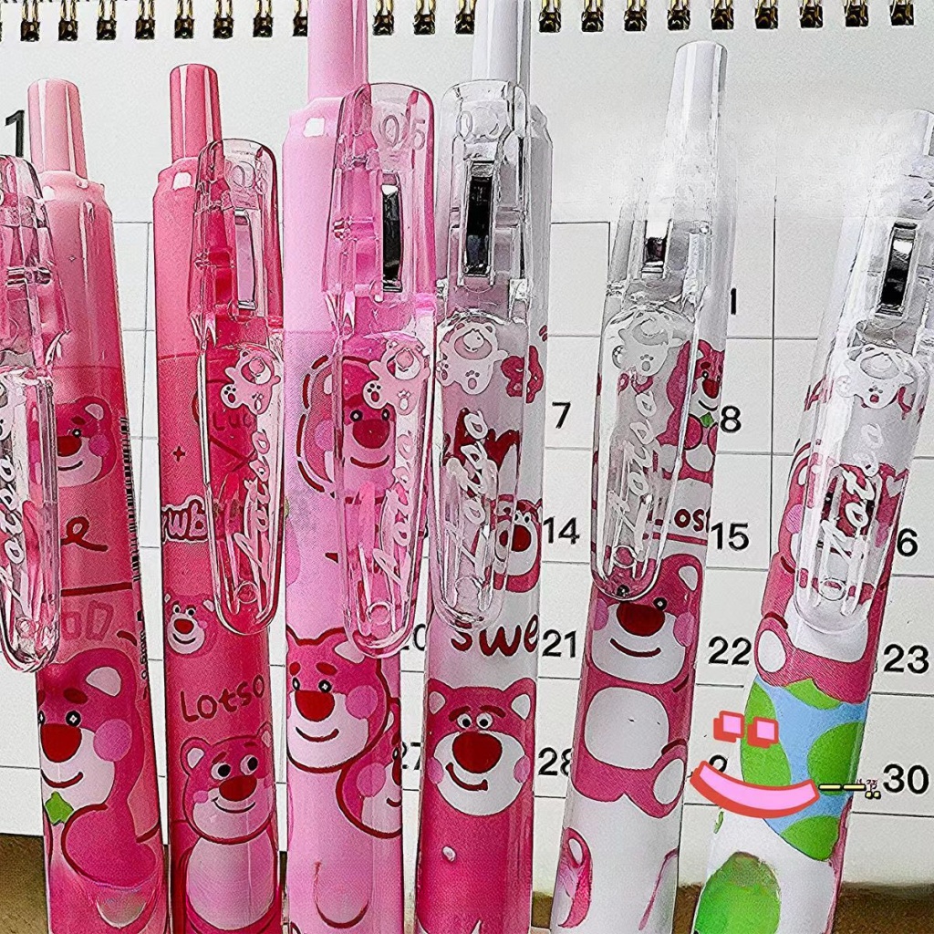 Bộ 6 Bút Mực Gel Ngòi 0.5Mm Màu Đen In Hình Gấu / Dâu Tây Kiểu Công Nghệ Cao Nhanh Khô