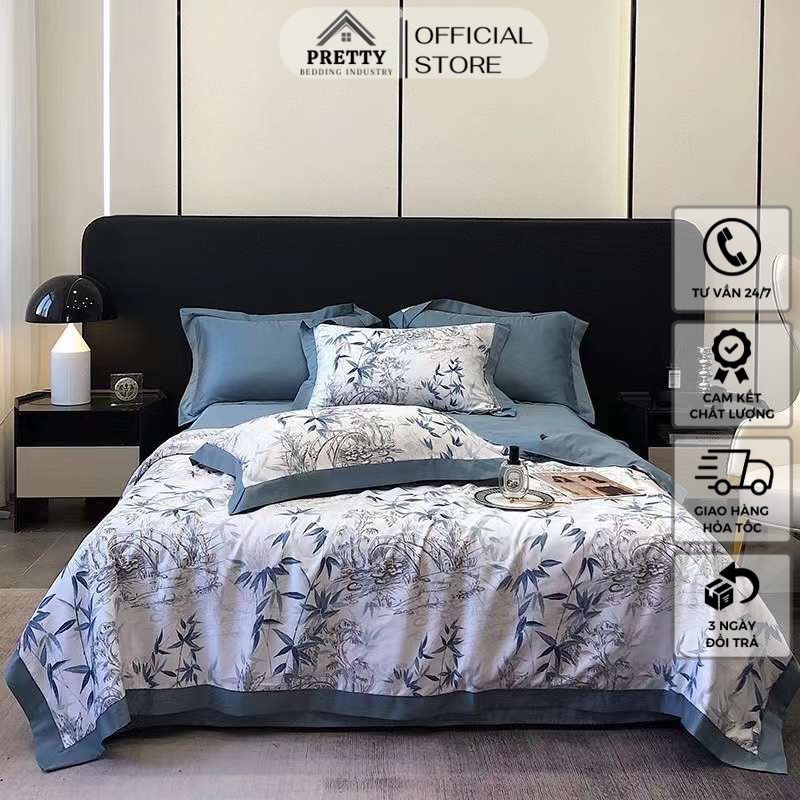 Bộ chăn ga gối lụa Thái Tencel trần bông cao cấp, sét 4 món chăn ga gối hè họa tiết sang trọng