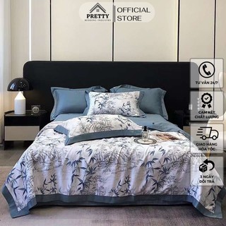 Bộ chăn ga gối lụa Thái Tencel trần bông cao cấp, sét 4 món chăn ga gối hè họa tiết sang trọng