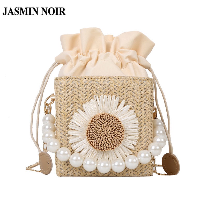 Túi Xách JASMIN NOIR Đeo Chéo Đan Lát Hình Vuông Đính Ngọc Trai Thời Trang Cho Nữ