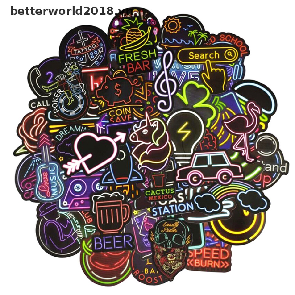 Bộ 50 Đèn neon Hình Dễ Thương Dùng Trang Trí Vali / laptop / guitar