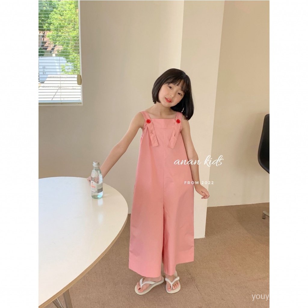 Jumpsuit Cotton Nguyên Chất Ống Rộng Màu Hồng Đào Phong Cách Phương Tây Thời Trang Mùa Hè 2022 RQRC Cho Bé Gái