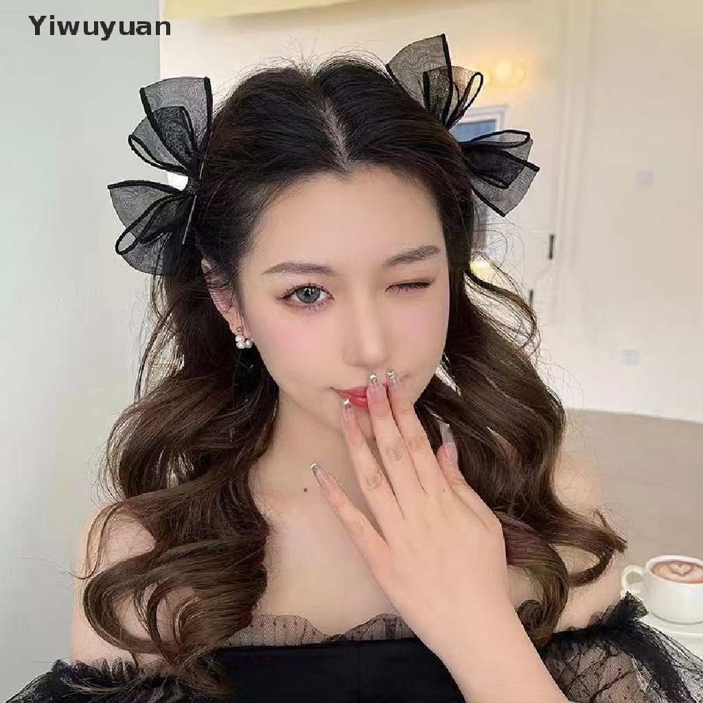 < Yiwuyuan > Kẹp Tóc Nơ Lưới Hai Lớp Phối Ren Màu Đen Ngọt Ngào Thời Trang Ngọt Ngào Cho Nữ Sinh