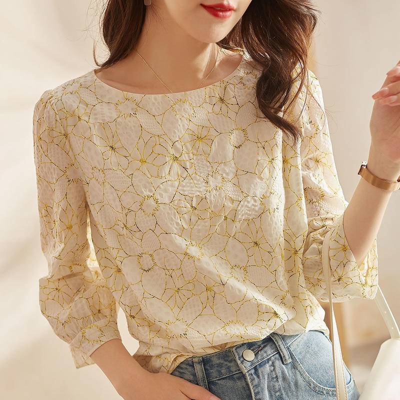 Áo Sơ Mi Vải Cotton Cổ Tròn Tay Lỡ Phối Ren Hoa Thời Trang Mùa Hè 2023