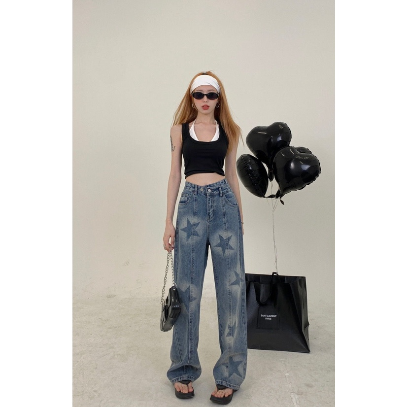 Quần Jean Nữ Ống Rộng Lưng Cao In Hình Ngôi Sao Kiểu Dáng Mới